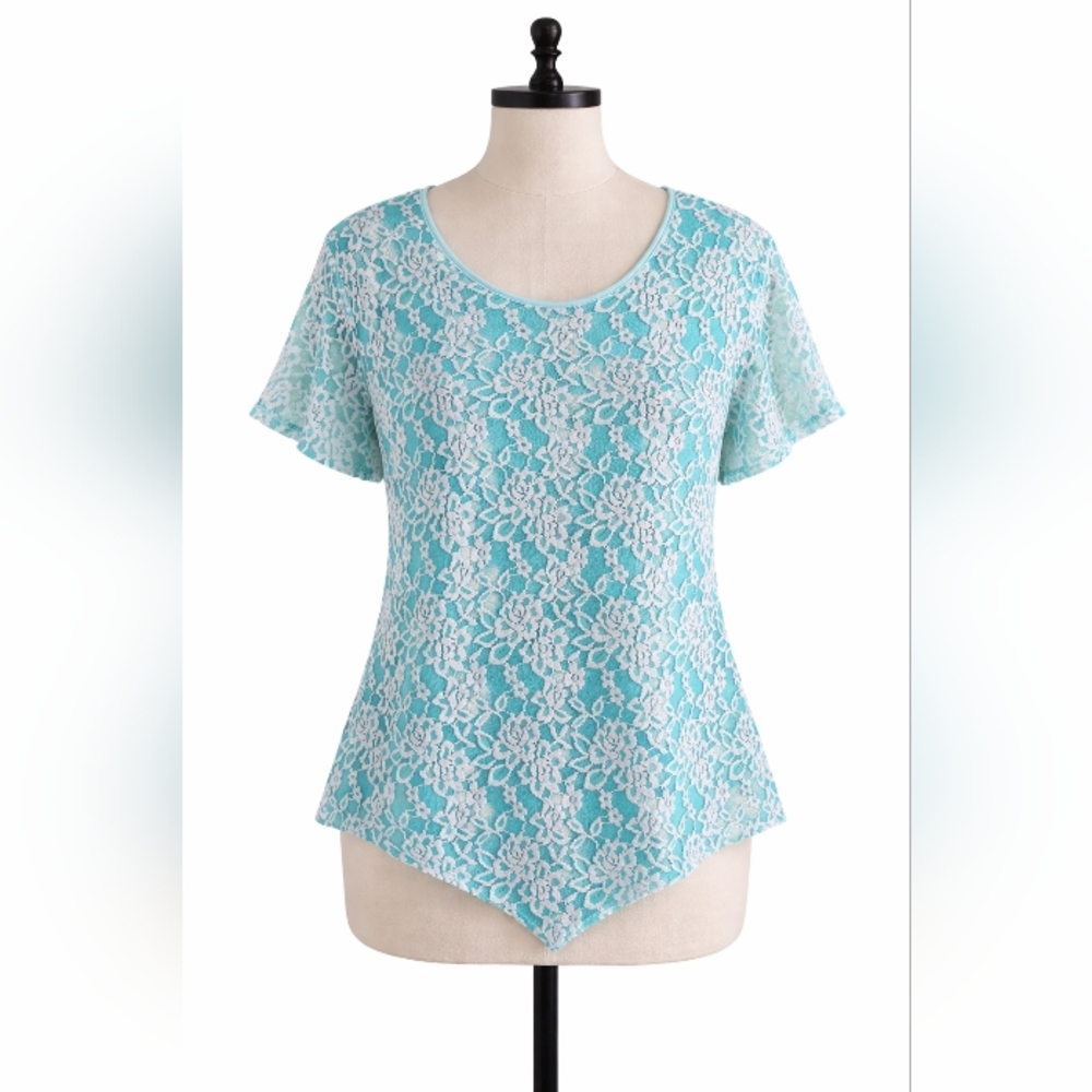 Rue Luju Turquoise Lace  Blouse Elegant & Feminine Size 2X